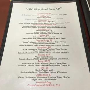 Vegan menu