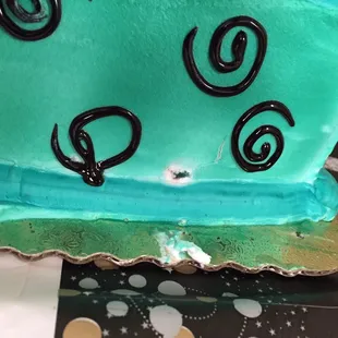 a blue cake with black swirls