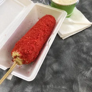 Hot Cheetos elote. The best! La Espiga is still open!