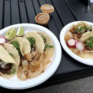 Carne Asada Tacos (left) and El Pastor tacos (right)