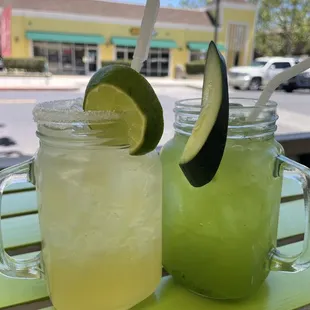 Lime margarita and cucumber and lime water