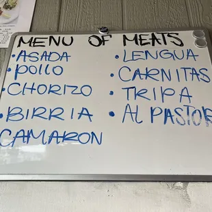 Meat menu
