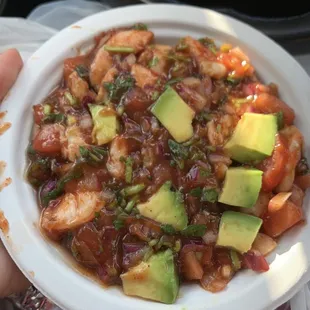 Ceviche Tostada... sadly found out after I got back to work that crunchy tostada was missing ... sad trumpets.  Guac =  cubes of avocado.