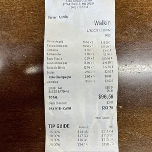 a receipt for a restaurant
