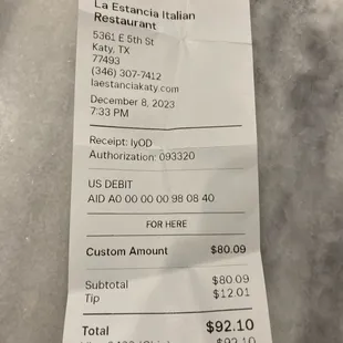 a receipt for a restaurant