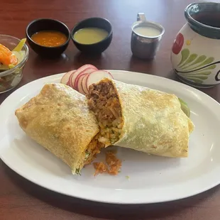 Chorizo burrito with pickled carrots and jalapeños served with authentic Mexican coffee.