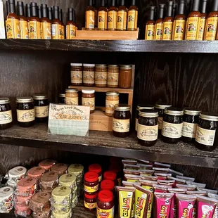 a shelf full of food items