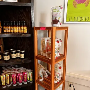 a shelf full of food