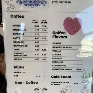 Drinks menu
