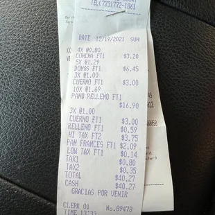 a receipt for a car