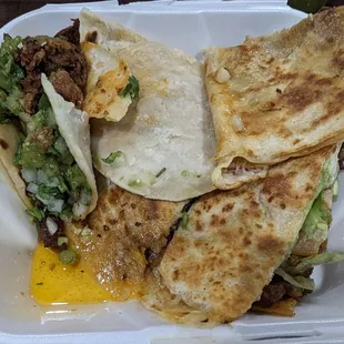 Chicken quesadilla and a taco