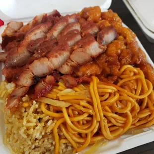 Bbq pork (bomb), orange chicken, chow mein, and fried rice