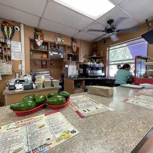 a counter with menus on it