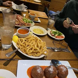 Arancini, Calamari, mozzarella moons, Antipasto
