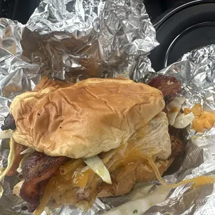 Chicken &amp; bacon sandwich. Had to have my first bite before leaving the gas station. Delicious! 10 out of 10