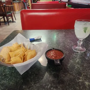 a bowl of chips and a glass of water