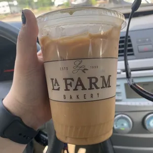 Iced almond milk latte with caramel