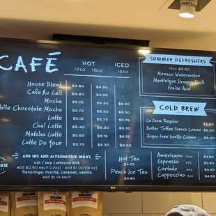 Cafe menu. Coffee, &quot;Summer Refreshers,&quot; and more.