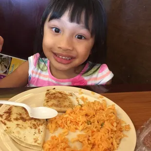 Kids meal, quesadilla and rice
