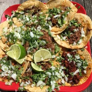 Lengua, Cabeza, Pollo, Carnitas, Birria (stewed beef), Al Pastor, Carne Asada, and Chorizo. Taco Tuesday Madness!!!