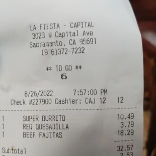 the receipt for the restaurant