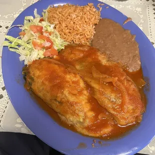 Chiles Rellenos - one filled with cheese and the other with picadillo