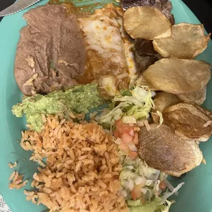 Friends steak plate with cheese enchilada