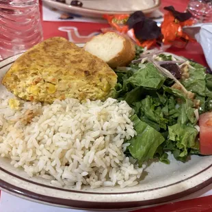 Tortilla De Papa (spinach and feta), side salad and rice