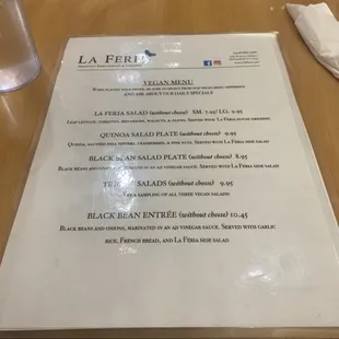 Vegan menu