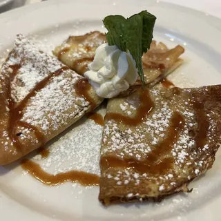 Warm Crepes Filled with Milk Chocolate and Hazelnut Ganache and Caramel Sauce