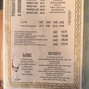 Liquor and food menu