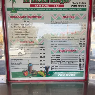 the menu of the restaurant