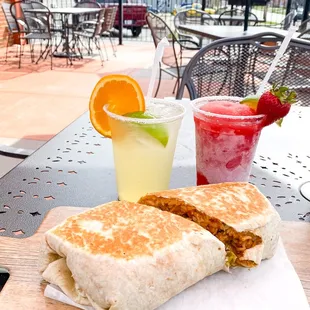 two drinks and a sandwich