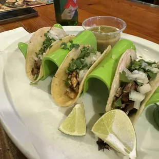 Taco Tuesday! Chicken, steak and carnitas tacos with homemade corn tortilla