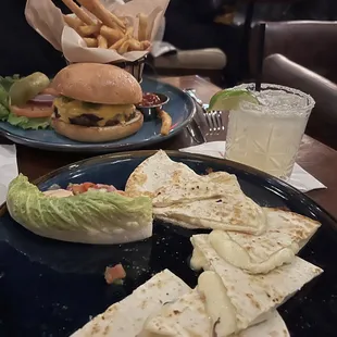 Quesadilla and Green Chile Cheeseburger