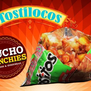 Tostilocos, con cueritos, mango, pepino, jicama, cacahuates, tamarinditos, tajin, limon, chamoy y valentina.