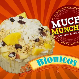 Mixed fruit with a sweet cream, granola, coconut and raisins.