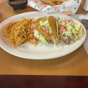 Our three chicken taco plate with no beans just rice.