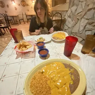 Gigi's Cheese Bomb, Chips &amp; Salsa, Unsweetened Ice Tea, Ceviche (fish) Tostada. Delish!