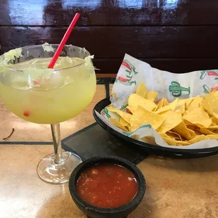 Margarita with lime instead of salt, with chips and salsa