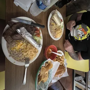 Carne Asada, carne asada Quesadilla, carne asada Torta, chips and salsa.