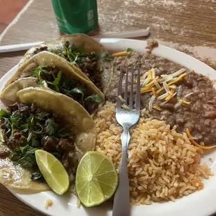 asada tacos with rice and beans