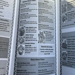 a menu in a restaurant