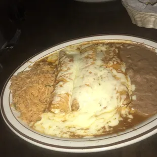 Two cheese and one chicken enchiladas