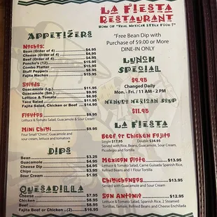 menu and prices