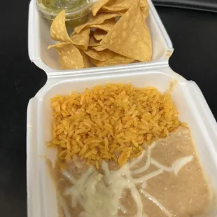 Side of Rice and Beans with chips from salsa bar