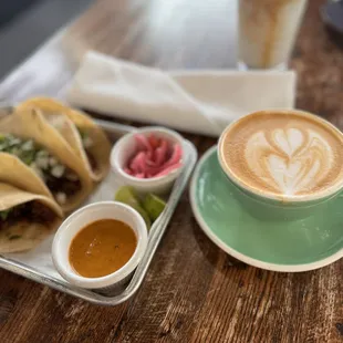 Barbacoa tacos and cappuccino.