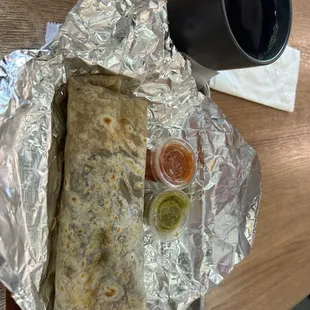 Chorizo and Potato burrito with black coffee