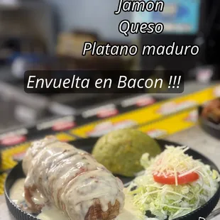 Chicken breast's chesse , ham and sweet plantain inside . Bacon wrapped