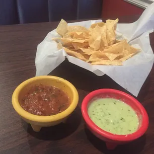 Chips with 2 different salsa. Both are amazing.